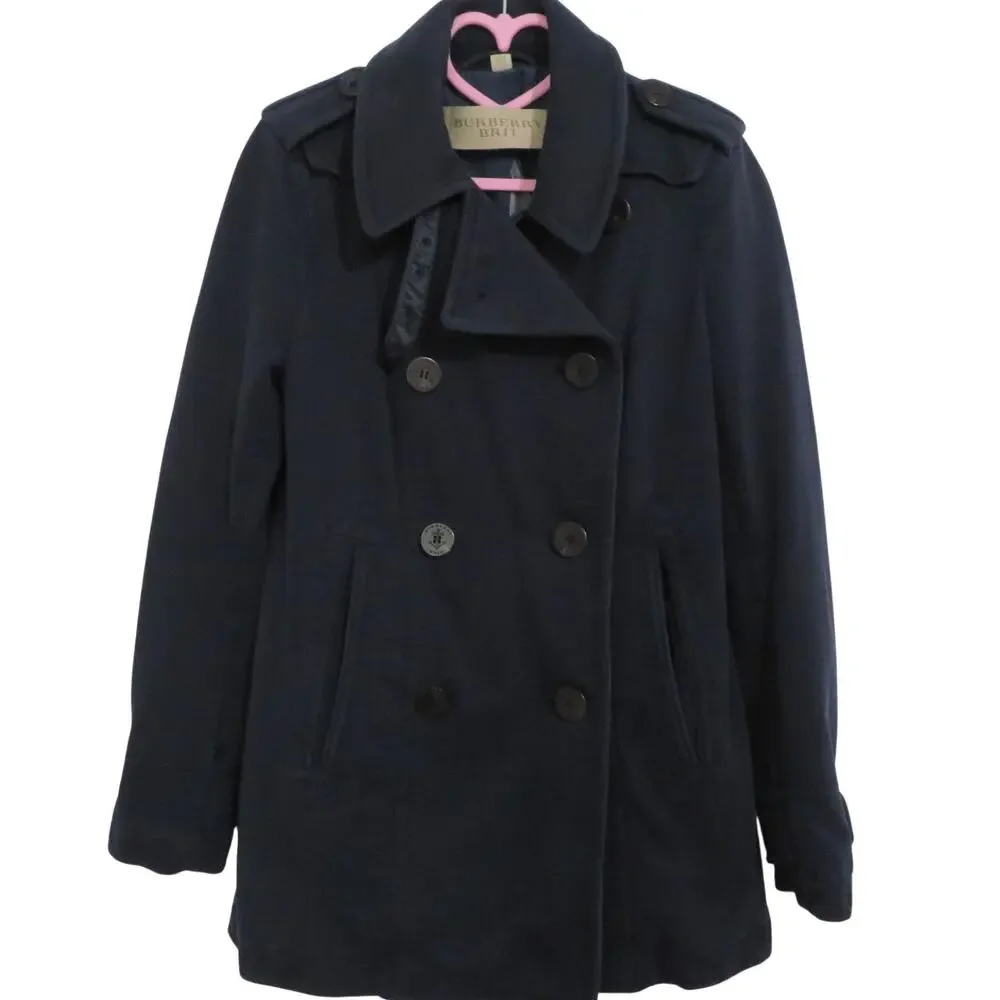 Burberry Brit Women Sz 4 Navy Blue Cotton Double Breasted Peacoat